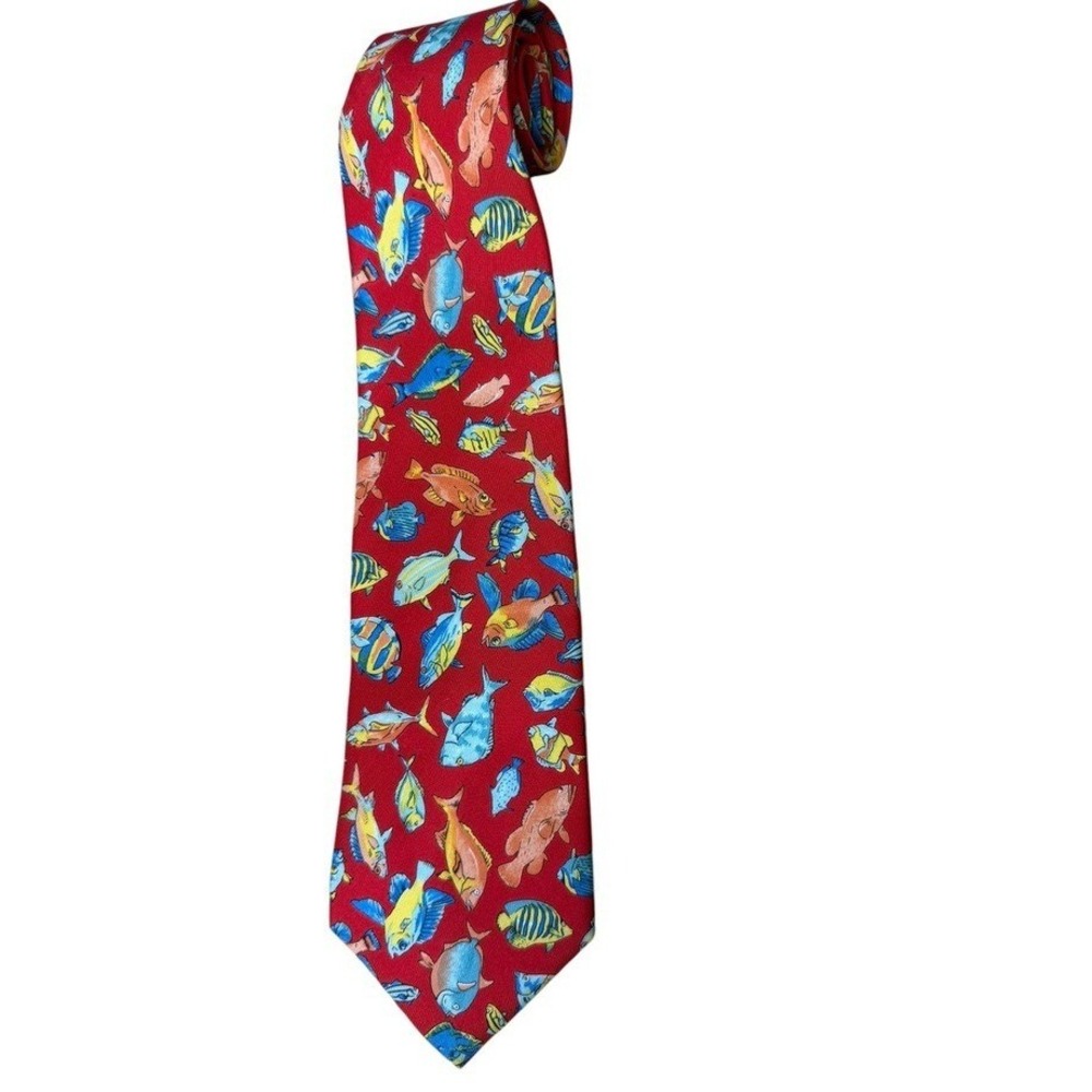Gucci Mens Red Silk Tropical Fish Print Italian Designer Necktie Accessory‎ READ